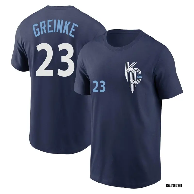Men's Zack Greinke Kansas City Royals Navy 2022 City Connect Name & Number T-Shirt